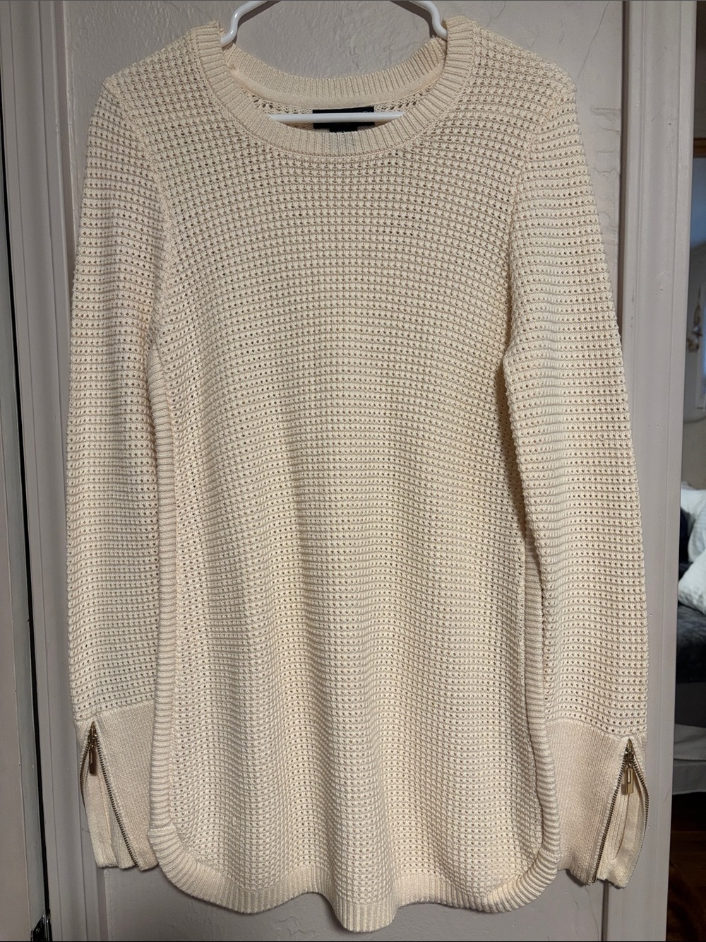 Cynthia Rowley Cream Textured Crewneck Sweater with Zip Cuffs